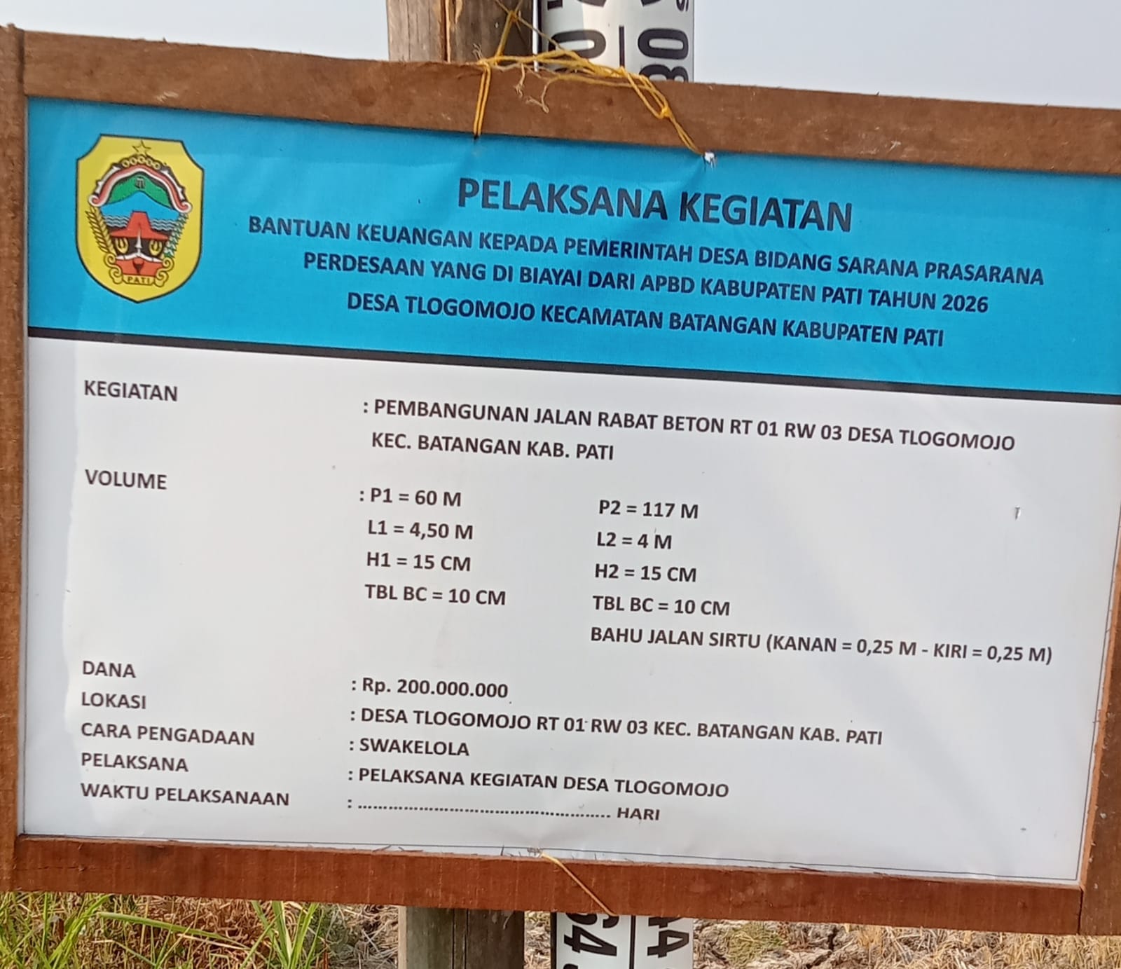 Bantuan APBD Pati 2026 Senilai Rp200 Juta, Pembangunan Jalan di Desa Tlogomojo Mulai Berfungsi Hubungkan Antar RW