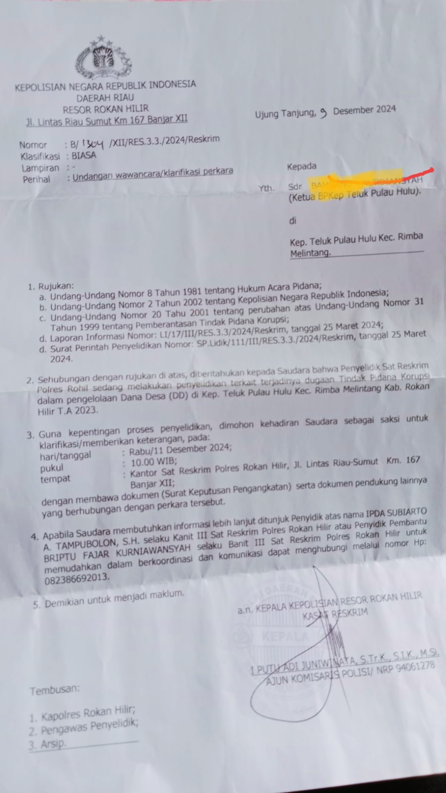 Kasus Dugaan Korupsi Teluk Pulau Hulu Menggantung Di Polres Rohil! Ada Apa ?