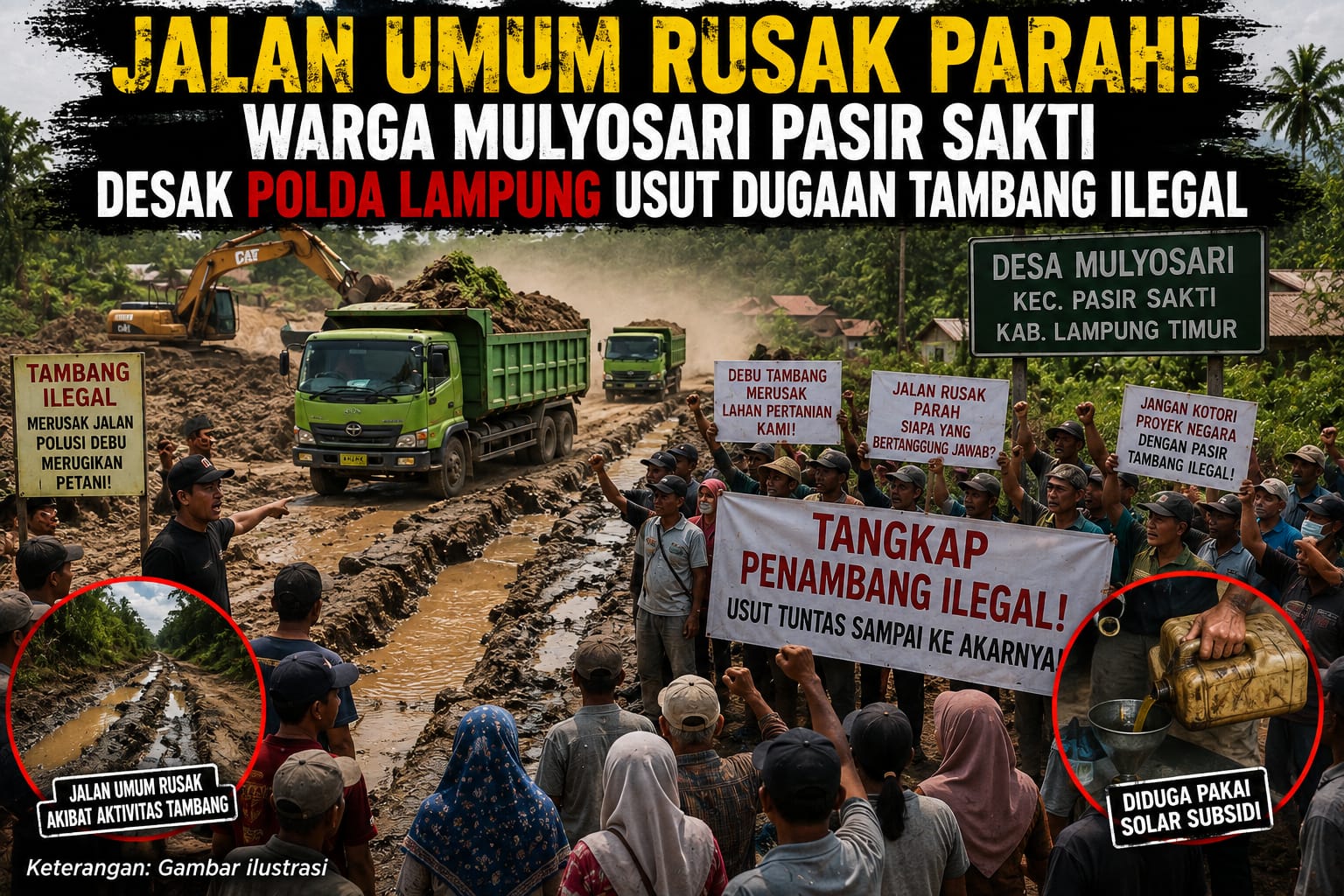 Jalan Umum Rusak Parah! Warga Mulyosari Pasir Sakti Desak Polda Lampung Usut Tuntas Dugaan Tambang Ilegal Dan Penyalahgunaan BBM Bersubsidi